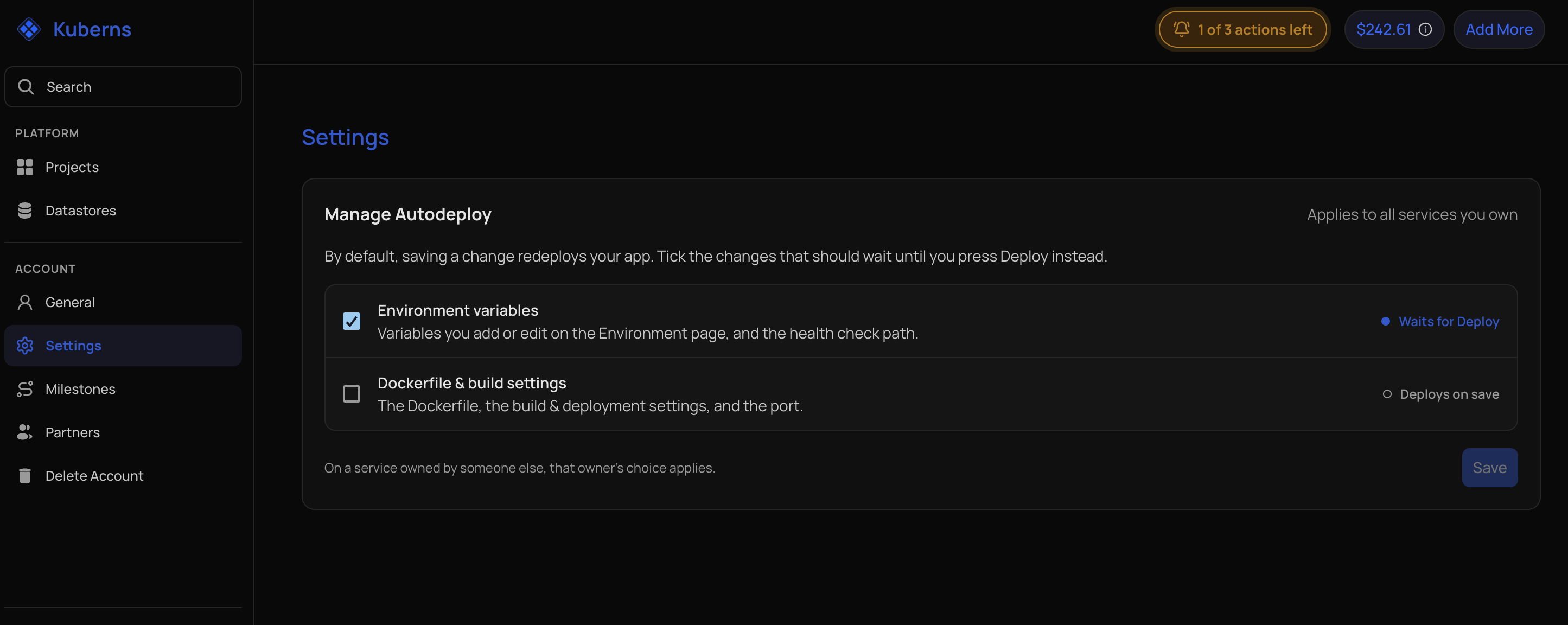The Account Settings page with the Manage Autodeploy card. Environment variables is ticked and marked Waits for Deploy, Dockerfile & build settings is unticked and marked Deploys on save, above a Save button